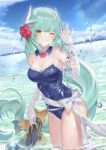  1girl bangs bare_shoulders blue_sky blue_swimsuit bow bowtie breasts casual_one-piece_swimsuit cleavage cloud commentary day detached_collar dmith dragon_girl dragon_horns dutch_angle elbow_gloves english_commentary fate/grand_order fate_(series) flower gloves green_hair grin hair_flower hair_ornament hand_up head_tilt hibiscus holding horns kiyohime_(fate) kiyohime_(swimsuit_lancer)_(fate) legs_together lens_flare long_hair looking_at_viewer low-tied_long_hair medium_breasts multiple_horns ocean one-piece_swimsuit one_eye_closed outdoors red_bow red_flower red_neckwear sandals_removed shiny shiny_hair shiny_skin sidelocks sky smile solo standing sunlight swimsuit very_long_hair wading waving wet wet_clothes wet_swimsuit white_bow white_gloves yellow_bow yellow_eyes 