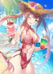  1girl ;d aqua_eyes bare_shoulders beach breasts brown_hair brown_headwear center_opening chinese_clothes cleavage cowboy_shot day double_bun dutch_angle flower hat hat_flower holding large_breasts long_hair looking_at_viewer miwabe_sakura navel ocean one-piece_swimsuit one_eye_closed open_mouth original outdoors palm_leaf parfait pelvic_curtain red_swimsuit sheer_clothes sidelocks smile solo stomach straw_hat summer sunlight swimsuit thighs tropical_drink twintails very_long_hair 