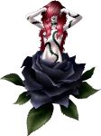  1girl alraune alraune_(megami_tensei) black_flower black_rose breasts flower full_body grin hair_censor hair_over_eyes hands_in_hair highres kazuma_kaneko leaf long_hair looking_at_viewer medium_breasts messy_hair monster_girl official_art pale_skin plant_girl red_hair rose shin_megami_tensei smile solo tattoo third-party_source thorns transparent_background 