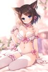  1girl :o animal_ears arm_garter arm_support bangs bare_shoulders black_hair blue_eyes blurry blurry_background blush bow bow_bra bow_panties bra braid breasts brown_hair cat_ears choker commentary_request commission depth_of_field ear_piercing earrings eyebrows_visible_through_hair facial_mark final_fantasy final_fantasy_xiv french_braid frilled_bra frilled_choker frilled_gloves frilled_legwear frilled_panties frills front-tie_bra front-tie_top gloves hand_up jewelry lingerie looking_at_viewer mauve medium_breasts miqo&#039;te navel no_shoes panties parted_lips piercing pixiv_request ribbon_choker short_hair side-tie_panties sitting solo spaghetti_strap stomach strap_pull string_bra swept_bangs thighhighs underwear underwear_only whisker_markings white_bra white_gloves white_legwear white_panties yokozuwari 