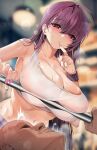  1boy 1girl bald bangs bare_arms bare_shoulders blurry blurry_background blush breast_press breasts cleavage collarbone damda eyebrows_visible_through_hair fate/grand_order fate_(series) large_breasts long_hair looking_at_viewer midriff nail_polish navel parted_lips pink_nails purple_hair red_eyes scathach_(fate) scathach_(fate)_(all) sleeveless sports_bra sweat weightlifting white_sports_bra 