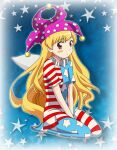  1girl american_flag_legwear american_flag_shirt bangs blonde_hair blue_background blue_shirt blush brown_eyes closed_mouth clownpiece eyebrows_visible_through_hair fairy_wings hat highres jester_cap legacy_of_lunatic_kingdom long_hair looking_at_viewer multicolored multicolored_clothes multicolored_pants multicolored_shirt no_shoes pants pink_headwear red_shirt remyfive seiza shirt short_sleeves sitting solo star_(symbol) star_print starry_background striped striped_pants striped_shirt touhou white_shirt wings 