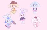  5girls animal animal_ears bangs barefoot black_jacket black_sleeves blue_dress blue_eyes blue_hair blue_jacket blue_sleeves brown_eyes brown_hair brown_headwear bunny bunny_ears bunny_tail closed_mouth collar crescent dango dreamysuite dress food fruit hand_up hands_up hat inaba_tewi jacket long_hair long_sleeves looking_at_another looking_to_the_side multiple_girls necktie open_mouth orange_hair orange_shirt orange_sleeves peach pink_background pink_dress pink_skirt pink_sleeves purple_hair red_eyes red_neckwear reisen_(touhou_bougetsushou) reisen_udongein_inaba ringo_(touhou) seiran_(touhou) shirt short_hair short_sleeves shorts simple_background sitting skirt smile standing star_(symbol) star_print striped striped_shorts t-shirt tail touhou wagashi weapon white_collar white_shirt yellow_shorts 