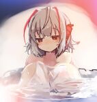  1girl ahoge arknights blush breasts demon_horns grey_hair horns large_breasts onsen partially_submerged red_eyes short_hair solo sukima_(crie) towel upper_body w_(arknights) water 