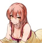 1girl breasts camisole cleavage collarbone downblouse eyebrows_visible_through_hair hood hoodie idolmaster idolmaster_cinderella_girls jougasaki_mika kakaobataa long_hair looking_at_viewer lying off_shoulder on_stomach open_clothes pajamas pink_hair simple_background small_breasts smile solo white_background yellow_eyes 