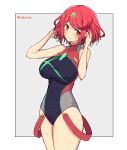  1girl bangs black_swimsuit breasts chest_jewel competition_swimsuit covered_collarbone covered_navel gem headpiece highres large_breasts mochimochi_(xseynao) one-piece_swimsuit pyra_(pro_swimmer)_(xenoblade) pyra_(xenoblade) red_eyes red_hair red_swimsuit short_hair solo strapless strapless_swimsuit swept_bangs swimsuit tiara two-tone_swimsuit xenoblade_chronicles_(series) xenoblade_chronicles_2 