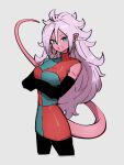  1girl android_21 blue_eyes breasts checkered checkered_dress colored_skin crossed_arms dragon_ball dragon_ball_fighterz dress earrings grey_background hair_between_eyes hoop_earrings jewelry kemachiku long_hair looking_at_viewer majin_android_21 medium_breasts pink_hair pink_skin simple_background solo tail 