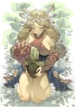  1girl bare_shoulders blonde_hair breasts bridal_gauntlets closed_eyes criss-cross_halter detached_sleeves flower hair_flower hair_ornament hair_tubes halter_top halterneck highres imu_(lom) kneeling large_breasts legend_of_mana lil&#039;_cactus long_hair medium_breasts poch4n seiken_densetsu solo 