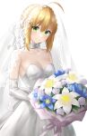  1girl absurdres ahoge alternate_costume artoria_pendragon_(all) blonde_hair blue_flower bouquet braid breasts bridal_veil bride dress elbow_gloves fate/stay_night fate_(series) flower french_braid gloves green_eyes highres holding holding_bouquet saber sidelocks sleeveless sleeveless_dress small_breasts smile solo strapless strapless_dress tsurupy upper_body veil wedding_dress white_dress white_flower white_gloves 