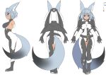  1girl :3 absurdres animal_ears arms_at_sides ass belt belt_collar black_belt black_capelet black_footwear black_gloves black_pants blue_eyes blue_hair breasts breasts_apart capelet collar fox_ears fox_tail gloves highres inukaze_yamu large_breasts looking_at_viewer medium_hair multiple_views open_pants original pants pigeon-toed simple_background smile standing tail thigh_gap veil white_background 