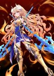  1girl antenna_hair bangs bare_shoulders bianka_durandal_ataegina bianka_durandal_ataegina_(dea_anchora) blonde_hair blue_eyes breasts dual_wielding fire full_body gloves hair_between_eyes hair_ornament highres holding holding_polearm holding_spear holding_weapon honkai_(series) honkai_impact_3rd long_hair looking_at_viewer miying_(13975192760) polearm ponytail sideboob solo spear weapon 
