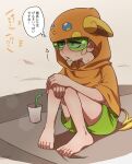 1boy alolan_form alolan_raichu alternate_costume barefoot blonde_hair blush chacha_(ss_5087) character_print commentary_request cup drinking_straw faba_(pokemon) facial_hair gen_7_pokemon goatee green-tinted_eyewear green_shorts hood hood_up knees_together_feet_apart male_focus pigeon-toed pokemon pokemon_(game) pokemon_sm pokemon_tail short_hair shorts sitting solo sunglasses sweat tail thought_bubble toes translation_request 