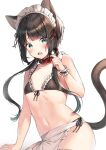  1girl animal_ears apron bangs bare_arms bare_shoulders bikini black_bikini black_hair blush breasts cat_ears cat_girl cat_tail collar commentary_request eyebrows_visible_through_hair fang frilled_apron frilled_bikini frills front-tie_top green_eyes groin hair_over_shoulder hair_ribbon hand_up long_hair looking_at_viewer low_twintails midorikawa_you navel open_mouth original red_collar red_ribbon ribbon side-tie_bikini single_wrist_cuff small_breasts solo swimsuit tail twintails very_long_hair waist_apron white_apron white_background wrist_cuffs 