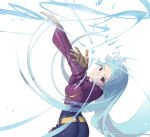  1girl ass bangs belt blue_hair bodysuit breasts eyebrows ffffcoffee gloves ice kula_diamond long_hair looking_at_viewer purple_eyes simple_background small_breasts the_king_of_fighters white_background 