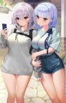  2girls absurdres azur_lane backpack bag bangs blue_shirt blunt_bangs breasts casual cellphone denim denim_shorts dido_(azur_lane) eyebrows_visible_through_hair grey_hoodie highres holding holding_another holding_phone hood hoodie large_breasts long_hair looking_at_phone medium_hair multiple_girls nanam_(nanam_sk) outdoors phone pink_eyes purple_hair shirt short_shorts short_sleeves shorts silver_hair sirius_(azur_lane) smartphone smile thighs 