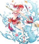  1girl aqua_eyes bikini fire_emblem fire_emblem:_mystery_of_the_emblem fire_emblem_heroes full_body hair_ornament highres holding holding_weapon jewelry kaya8 long_hair norne_(fire_emblem) official_art polearm red_hair solo spear swimsuit tied_hair transparent_background weapon 