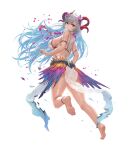  1girl ass bangs bare_arms bare_shoulders barefoot bikini blue_hair breasts fire_emblem fire_emblem_heroes freyja_(fire_emblem) from_behind full_body hair_ornament highres horns jewelry large_breasts long_hair looking_back multicolored_hair official_art parted_lips pelvic_curtain petals red_eyes see-through shiny shiny_hair shiny_skin sideboob silver_hair solo swimsuit toes torn_clothes transparent_background yoshiku_(oden-usagi) 