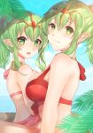  2girls age_difference alternate_costume bikini blue_sky breasts dual_persona edamameoka fire_emblem fire_emblem_heroes green_eyes green_hair highres jewelry large_breasts looking_at_viewer multiple_girls necklace ocean open_mouth pink_swimsuit pointy_ears ponytail red_bikini sky smile swimsuit tiara tiki_(fire_emblem) time_paradox 