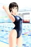  1girl absurdres armpits arms_behind_head bangs bench black_hair black_swimsuit blunt_bangs brown_eyes commentary_request competition_swimsuit cowboy_shot glasses highres indoors lane_line one-piece_swimsuit original pool short_hair solo standing swimsuit takafumi 