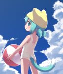  1girl absurdres animal_ears ass ball beachball cat_ears cat_girl cat_tail cloud from_behind green_eyes green_hair highres looking_back one-piece_swimsuit original outdoors school_swimsuit short_hair short_twintails sky solo swim_cap swimsuit tail thighs twintails ueno_musashi yellow_headwear 