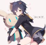  1girl :3 ;) a.a_(aa772) animal_ears arknights bike_shorts black_hair black_jacket black_shorts blush breasts brown_eyes character_name commentary cowboy_shot dog_ears dog_tail extra_ears from_side grey_skirt hair_ornament hood hood_down hooded_jacket hug jacket jackie_(arknights) looking_at_viewer looking_to_the_side medium_breasts miniskirt object_hug one_eye_closed open_clothes open_jacket shirt short_hair short_sleeves shorts shorts_under_skirt simple_background skirt smile solo standing stuffed_animal stuffed_bunny stuffed_toy tail thighs white_background white_shirt yellow_neckwear 