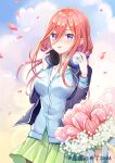  1girl blush breasts commentary_request d: flower go-toubun_no_hanayome green_skirt hands_on_headphones headphones headphones_around_neck highres laaaaaaaa long_hair medium_breasts nakano_miku open_mouth pink_flower pink_hair signature skirt 