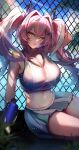  1girl arm_behind_head arm_up azur_lane bangs bare_shoulders blue_sky blush bottle breasts bremerton_(azur_lane) bremerton_(scorching-hot_training)_(azur_lane) chain-link_fence cleavage cloud collarbone commentary cowboy_shot crop_top crop_top_overhang day eyebrows_visible_through_hair fence grass green_skirt grey_hair groin hair_between_eyes hair_intakes hair_ornament hairclip highres holding holding_bottle kuroha_(rockluo213) large_breasts light_rays long_hair looking_at_viewer midriff miniskirt mole mole_under_eye multicolored_hair navel outdoors palm_leaf parted_lips pink_eyes pink_hair pleated_skirt redrawn revision shadow shirt sidelocks sitting skirt sky sleeveless sleeveless_shirt smile solo sportswear streaked_hair sunbeam sunlight sweat tennis_uniform twintails two-tone_hair two-tone_shirt two-tone_skirt water_bottle white_shirt white_skirt x_hair_ornament yokozuwari 