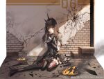 aliasing black_hair boots cape cropped dress elbow_gloves fire gloves headdress kim_eb long_hair necklace punishing:_gray_raven red_eyes ruins thighhighs tifa_(punishing:_gray_raven) torn_clothes 