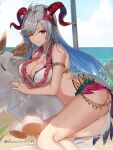  1girl alternate_costume armlet ass bare_shoulders beach bikini blue_hair blue_sky breasts cleavage closed_mouth cloud commentary_request curled_horns day fire_emblem fire_emblem_heroes flower flower_necklace freyja_(fire_emblem) goat_horns green_flower grey_hair hair_flower hair_ornament haru_(nakajou-28) highres holding holding_toy horns inflatable_toy jewelry large_breasts long_hair looking_at_viewer lying multicolored_hair necklace ocean official_alternate_costume outdoors red_eyes red_flower red_horns sand sky solo string_bikini swimsuit thorns toy twitter_username two-tone_hair water white_bikini white_swimsuit 