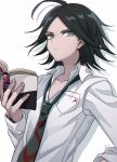  1boy ahoge bangs black_hair book breast_pocket brown_hair closed_mouth collarbone collared_shirt commentary_request danganronpa/zero danganronpa_(series) grey_eyes haizai hand_up highres holding holding_book long_sleeves looking_at_viewer male_focus matsuda_yasuke necktie open_book parted_bangs pocket shirt simple_background solo striped twitter_username upper_body white_background white_shirt 