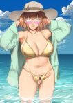  1girl absurdres bikini blue_eyes blue_sky breasts brown_hair cloud collarbone day female_pubic_hair green_jacket hat highres jacket large_breasts navel open_clothes open_jacket original outdoors pubic_hair short_hair sky solo standing sun_hat sunglasses swimsuit wading yellow_bikini zuoteng_lucha 