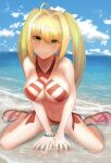  1girl ahoge anklet beach bikini blonde_hair bracelet breasts cleavage fate/grand_order fate_(series) green_eyes guchagucha hair_intakes highres horizon jewelry large_breasts looking_at_viewer navel nero_claudius_(fate) nero_claudius_(fate)_(all) nero_claudius_(swimsuit_caster)_(fate) ocean sandals side-tie_bikini smile solo swimsuit twintails v_arms 