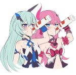  2girls absurdres alcohol bags_under_eyes bangs bare_shoulders blue_eyes blue_gloves blue_hair commentary drinking english_commentary gloves hair_between_eyes hair_ornament highres holding honkai_(series) honkai_impact_3rd horns liliya_olenyeva long_hair multiple_girls navel pink_gloves pink_hair qoqo rozaliya_olenyeva siblings simple_background single_horn twins vodka white_background 