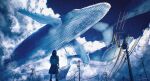  1girl animal animal_request flying_whale from_below highres hipy_(image_oubliees) original oversized_animal power_lines school_uniform serafuku sky whale 