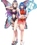  2girls bangs bare_shoulders belt bikini bikini_skirt blue_eyes blue_hair blush bracelet breasts caeda_(fire_emblem) cleavage closed_mouth clothing_cutout facial_mark fairy_wings fire_emblem fire_emblem:_mystery_of_the_emblem fire_emblem_heroes forehead_mark full_body grey_hair hair_ornament hand_up high_heels highres holding jewelry large_breasts leg_up long_hair looking_at_viewer medium_breasts multiple_girls navel navel_cutout official_art one-piece_swimsuit open_mouth plumeria_(fire_emblem) ponytail ryouma_(galley) sandals see-through shiny shiny_hair smile standing stomach swimsuit thigh_strap thorns tied_hair toes transparent_background wings 