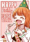  1girl artist_name bangs birthday_cake black_neckwear blouse blunt_bangs blush_stickers cake character_name closed_eyes commentary dated eating english_text eyebrows_visible_through_hair food fork girls_und_panzer green_headwear happy_birthday hat highres holding holding_fork hone_(honehone083) long_hair long_sleeves neckerchief ooarai_school_uniform open_mouth orange_hair outline outside_border party_hat pink_background polka_dot polka_dot_background sailor_collar sash school_uniform serafuku smile solo takebe_saori translated white_blouse white_outline white_sailor_collar 