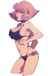  1girl alternate_costume bikini breasts clenched_hand cropped_legs frilled_bikini frills from_side gundam gundam_zz haman_karn highres looking_at_viewer medium_breasts navel open_mouth otenki93 purple_eyes purple_hair short_hair solo strap_gap swimsuit thighs zeta_gundam 