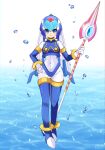 1girl android blue_eyes boots breasts full_body hand_on_hip helmet high_heels holding holding_weapon leviathan_(mega_man) looking_at_viewer medium_breasts mega_man_(series) mega_man_zero polearm sakuraba_(cerisier_x) smile solo spear standing thigh_boots thighhighs water weapon 