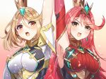  2girls aegis_sword_(xenoblade) bangs blonde_hair breasts chest_jewel color_switch dress earrings elbow_gloves gem gloves headpiece jewelry large_breasts long_hair multiple_girls mythra_(massive_melee)_(xenoblade) mythra_(xenoblade) open_mouth pyra_(xenoblade) red_eyes red_hair short_dress short_hair super_smash_bros. swept_bangs tiara very_long_hair white_dress white_gloves xenoblade_chronicles_(series) xenoblade_chronicles_2 yasaikakiage yellow_eyes 