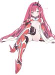  1girl armor armored_boots bangs bare_shoulders bikini_armor black_legwear blade_(galaxist) blush boots breasts cape cosplay crossed_legs elizabeth_bathory_(brave)_(fate) elizabeth_bathory_(brave)_(fate)_(cosplay) elizabeth_bathory_(fate)_(all) eyebrows_visible_through_hair fate/grand_order fate_(series) grey_eyes long_hair looking_at_viewer loose_bikini medium_breasts musical_note navel pauldrons pink_hair pointy_ears red_armor shoulder_armor sidelocks silver_trim sitting solo thighhighs tiara tristan_(fairy_knight)_(fate) vambraces white_cape 