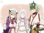  1boy 2girls :d asymmetrical_horns braid breasts bridal_gauntlets cape choker closed_eyes collarbone commentary_request dress green_hair green_hakama grey_hair hair_between_eyes hair_over_shoulder hakama highres hood hood_down horns japanese_clothes katana kumo_desu_ga_nani_ka? kumoko_(kumo_desu_ga_nani_ka?) kuroko_(ku_rogitune96) large_breasts long_braid multicolored_hair multiple_girls one_eye_closed oni open_mouth pink_choker pointy_ears purple_cape purple_eyes red_eyes shiraori silver_hair single_braid smile snapping_fingers sophia_keren_(kumo_desu_ga_nani_ka?) sword two-tone_hair weapon white_dress wrath_(kumo_desu_ga_nani_ka?) 