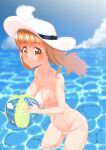  0:00 1girl ball bangs beachball bikini blue_sky blunt_bangs blurry blurry_background closed_mouth cloud cloudy_sky commentary day depth_of_field eyebrows_visible_through_hair girls_und_panzer halterneck hat highres holding holding_ball horizon leaning_forward long_hair looking_at_viewer medium_hair navel ocean orange_eyes orange_hair outdoors sky smile solo standing string_bikini sun_hat swimsuit takebe_saori wading water white_bikini white_headwear 