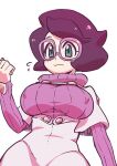  1girl blush breasts chacha_(ss_5087) closed_mouth commentary_request covered_nipples flying_sweatdrops glasses green_eyes hand_up large_breasts long_sleeves pink-framed_eyewear pokemon pokemon_(game) pokemon_sm purple_hair purple_sweater ribbed_sweater short_hair simple_background smile solo sweater turtleneck turtleneck_sweater white_background wicke_(pokemon) 
