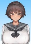  1girl bangs blue_background blush breasts brown_eyes brown_hair closed_mouth commentary_request highres huge_breasts looking_at_viewer mdoctkscb original school_uniform serafuku short_hair simple_background 