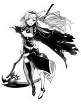  1girl absurdres bangs belt breasts cape cleavage cleavage_cutout clothing_cutout dress floating_cape floating_hair from_above greyscale highres holding holding_scythe hololive hololive_english longlong_(drasdr7513) looking_at_viewer looking_up medium_breasts monochrome mori_calliope scythe single_thighhigh smirk solo thighhighs tiara veil white_background 