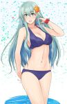 1girl aqua_eyes aqua_hair bikini bikini_day blue_bikini breasts cleavage collarbone commentary_request cowboy_shot flower hair_flower hair_ornament hairclip kantai_collection large_breasts long_hair looking_at_viewer navel nuko_(phylactery) solo standing suzuya_(kancolle) swimsuit white_background 