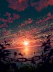  blurry blurry_foreground bush chain cloud commentary_request dusk gradient_sky green_sky highres lens_flare no_humans ocean orange_sky original red_clouds scenery shuu_illust sky sun sunset 