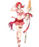  1girl aqua_eyes bikini fire_emblem fire_emblem:_mystery_of_the_emblem fire_emblem_heroes full_body hair_ornament highres holding holding_weapon jewelry kaya8 long_hair norne_(fire_emblem) polearm red_hair solo spear swimsuit tied_hair transparent_background weapon 