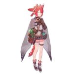  1girl ahoge animal_ears arknights black_choker bow brown_gloves cape choker dress flashbang fox_ears fox_girl fox_tail frilled_dress frills full_body glasses gloves green_eyes hair_bobbles hair_bow hair_ornament hair_over_one_eye holding holding_knife id_card karambit knife looking_at_another myrrh_(arknights) official_art pink_legwear purple_cape purple_dress purple_footwear red_bow red_hair shoes short_hair socks solo tachi-e tail thigh_strap transparent_background xiayehongming 