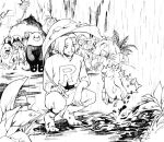  bewear gen_1_pokemon gen_2_pokemon gen_7_pokemon greyscale james_(pokemon) jessie_(pokemon) kakiyakee_(k_key_5) litten mareanie meowth monochrome pokemon pokemon_(anime) rain smile water water_drop wobbuffet 